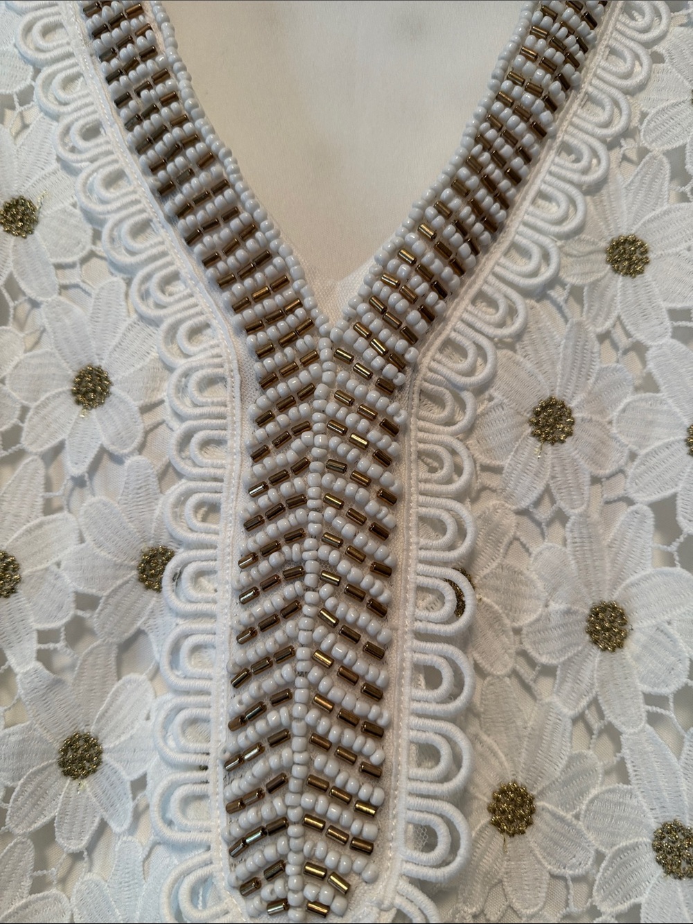 Boston Proper White Daisy Lace V-Neck Dress with Gold Trim - Picture 3 of 4